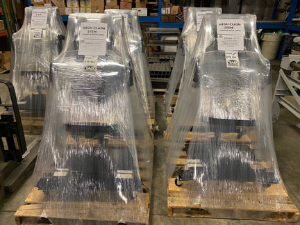 SPAR Prisoner Restraint Chairs stretch wrapped by TAB Wrapper Tornado palletized for delivery