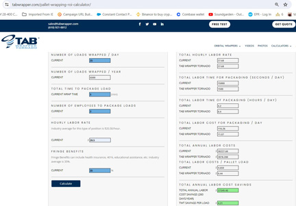 ROI Calculator to determine savings when automating stretch wrapping to TAB Wrapper Tornado orbital pallet wrapper